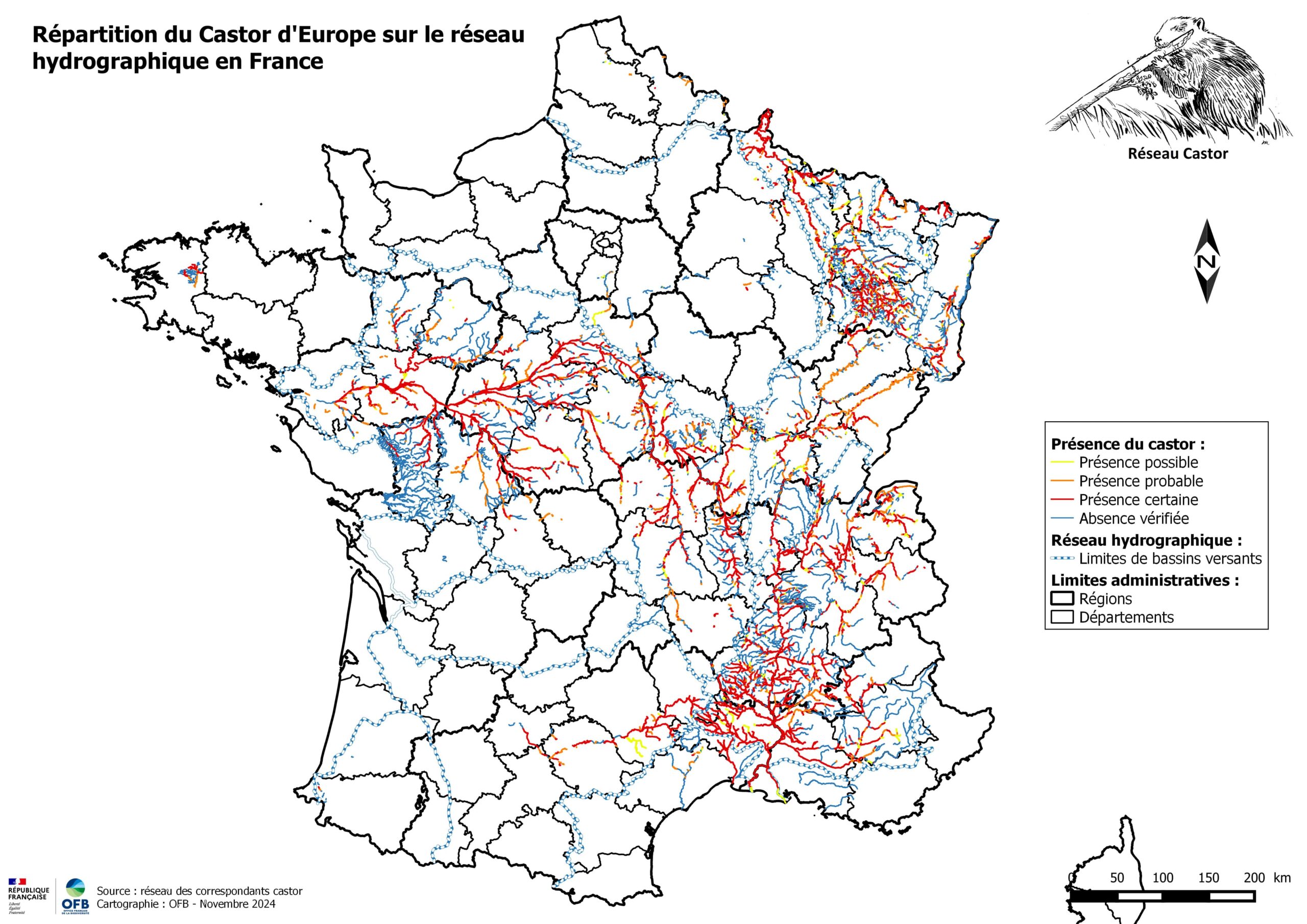 Carte de répartition castor OFB Novembre 2024